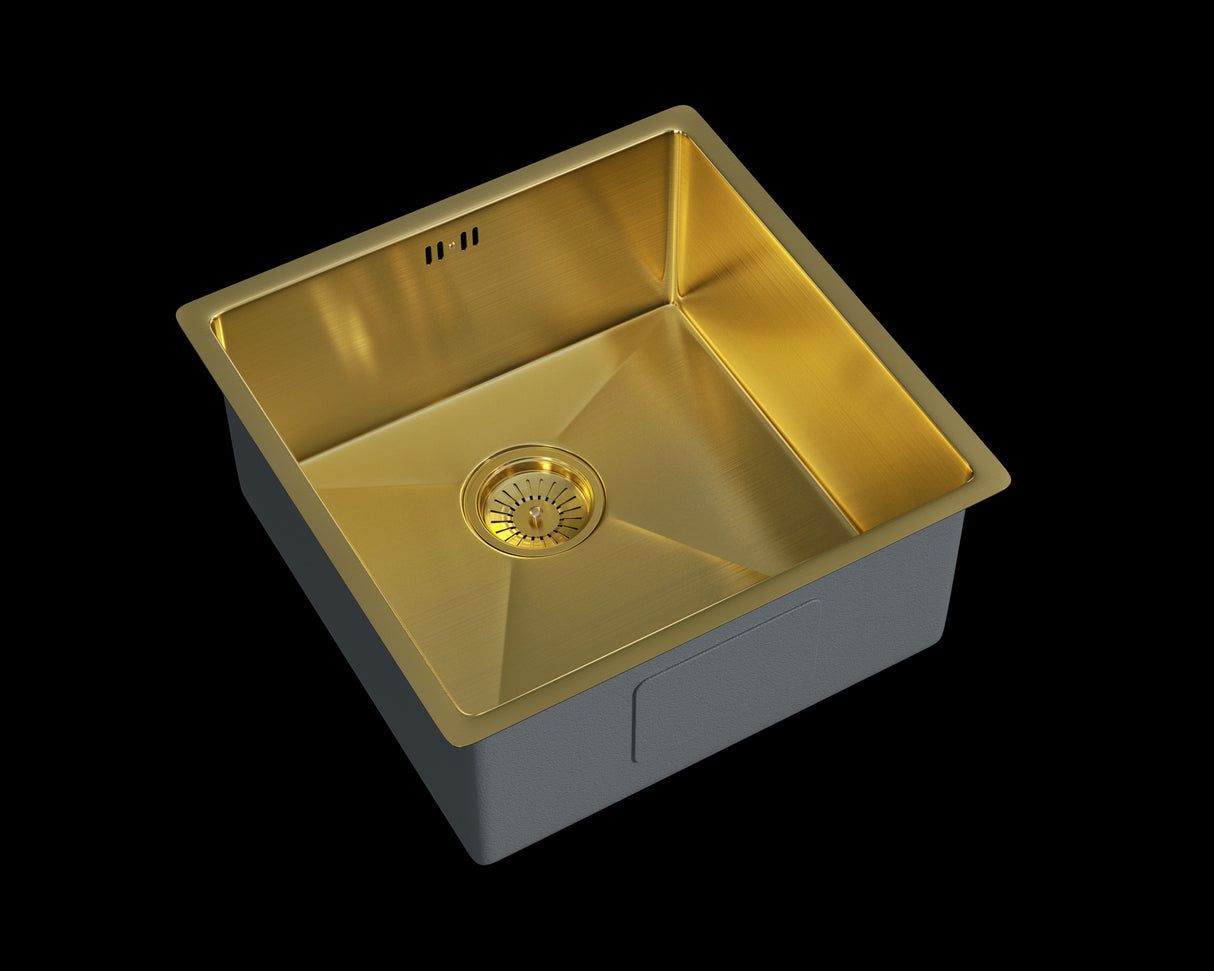Verossi | Vrimo | 1.0 Bowl Stainless Steel Kitchen Sink | Inset or Undermounted | Gold Strainer Waste Supplied | 440 x 440 mm | Gold Finish