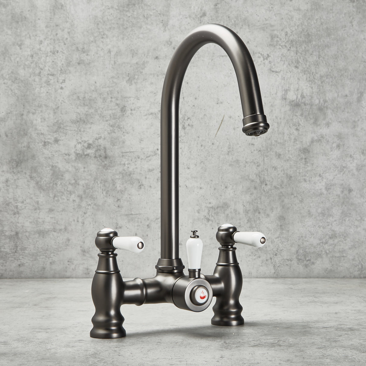 Verossi | Venetian | Traditional Bridge Style 3 in 1 Instant Boiling Tap | White Ceramic Levers | Gun Metal Finish