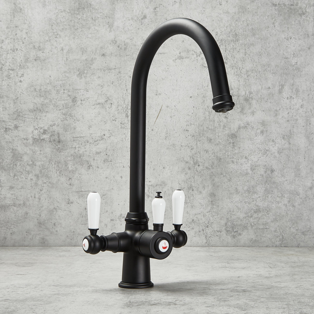 Verossi | Vandisso | Traditional Cruciform Style 3 in 1 Instant Boiling Tap | White Ceramic Levers | Matt Black Finish