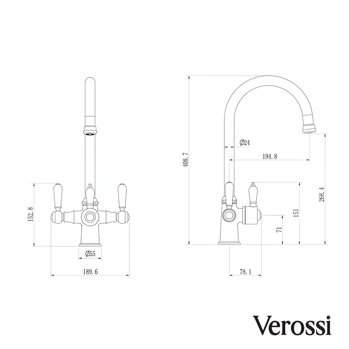 Verossi | Vandisso | Traditional Cruciform Style 3 in 1 Instant Boiling Tap | Black Ceramic Levers | Polished Chrome Finish