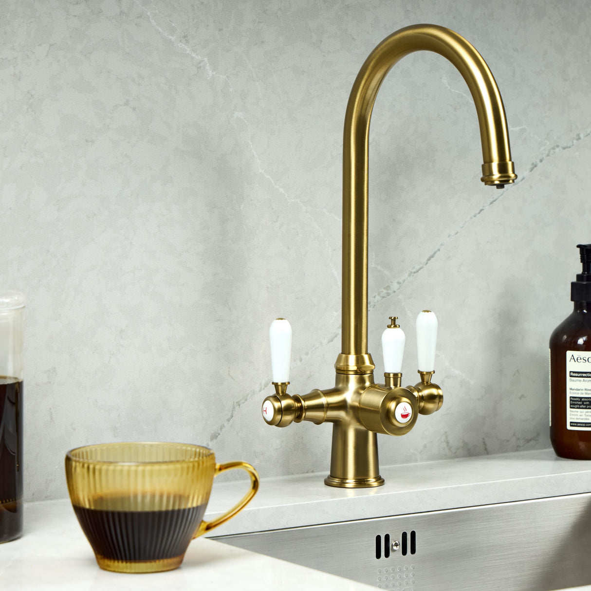 Verossi | Vandisso | Traditional Cruciform Style 3 in 1 Instant Boiling Tap | White Ceramic Levers | Brushed Brass Finish
