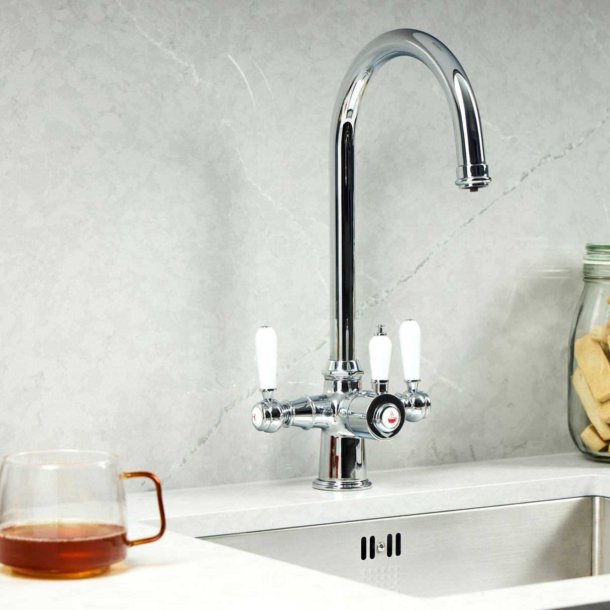 Verossi | Vandisso | Traditional Cruciform Style 3 in 1 Instant Boiling Tap | White Ceramic Levers | Polished Chrome Finish