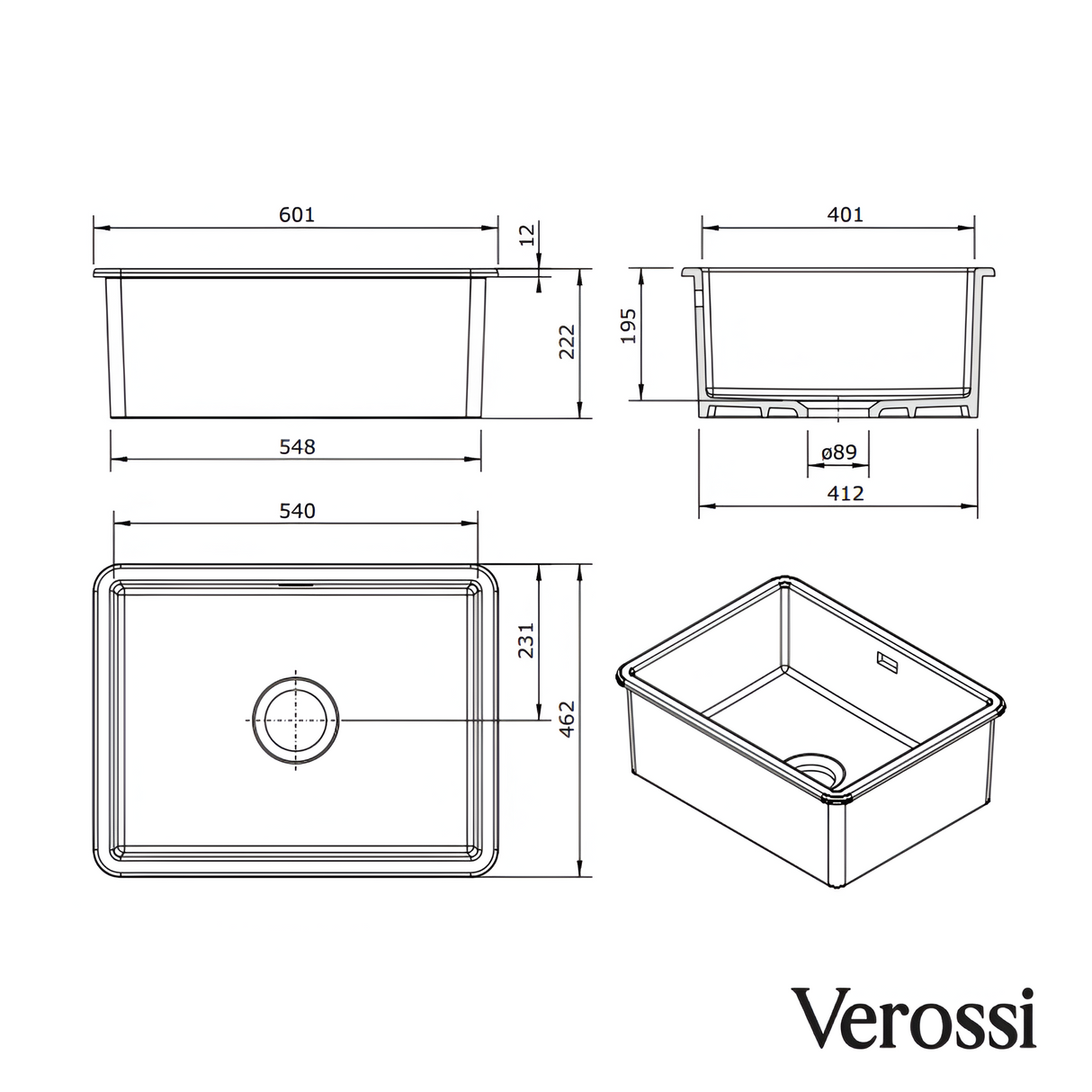 Verossi | Vrimo Belfast | 1.0 Bowl Stainless Steel Kitchen Sink | Copper Strainer Waste Supplied | 600 x 450 mm | Copper Finish