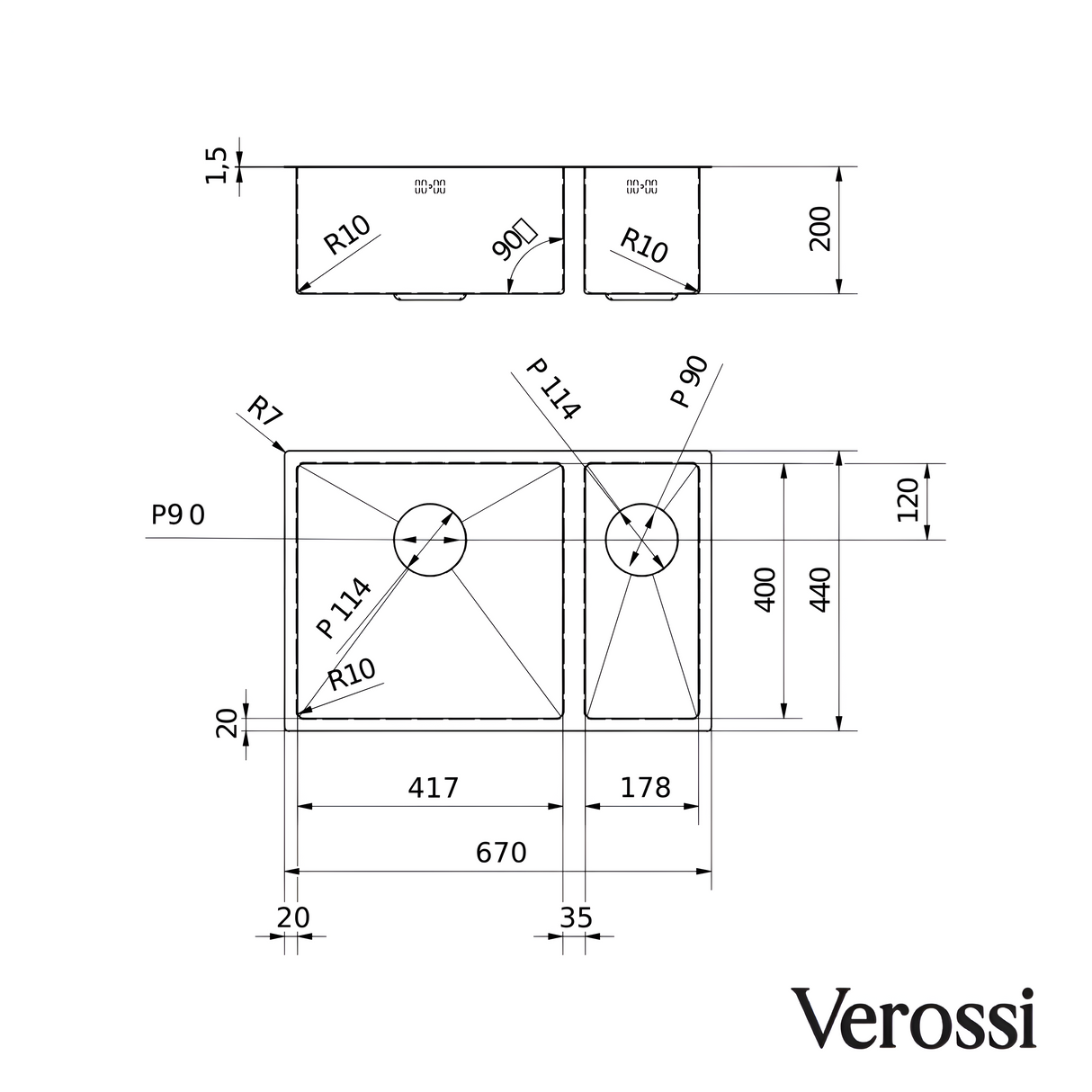 Verossi | Vrimo | 1.5 Bowl Stainless Steel Kitchen Sink | Inset or Undermounted | Gold Strainer Wastes Supplied | 670 x 440mm | Gold Finish