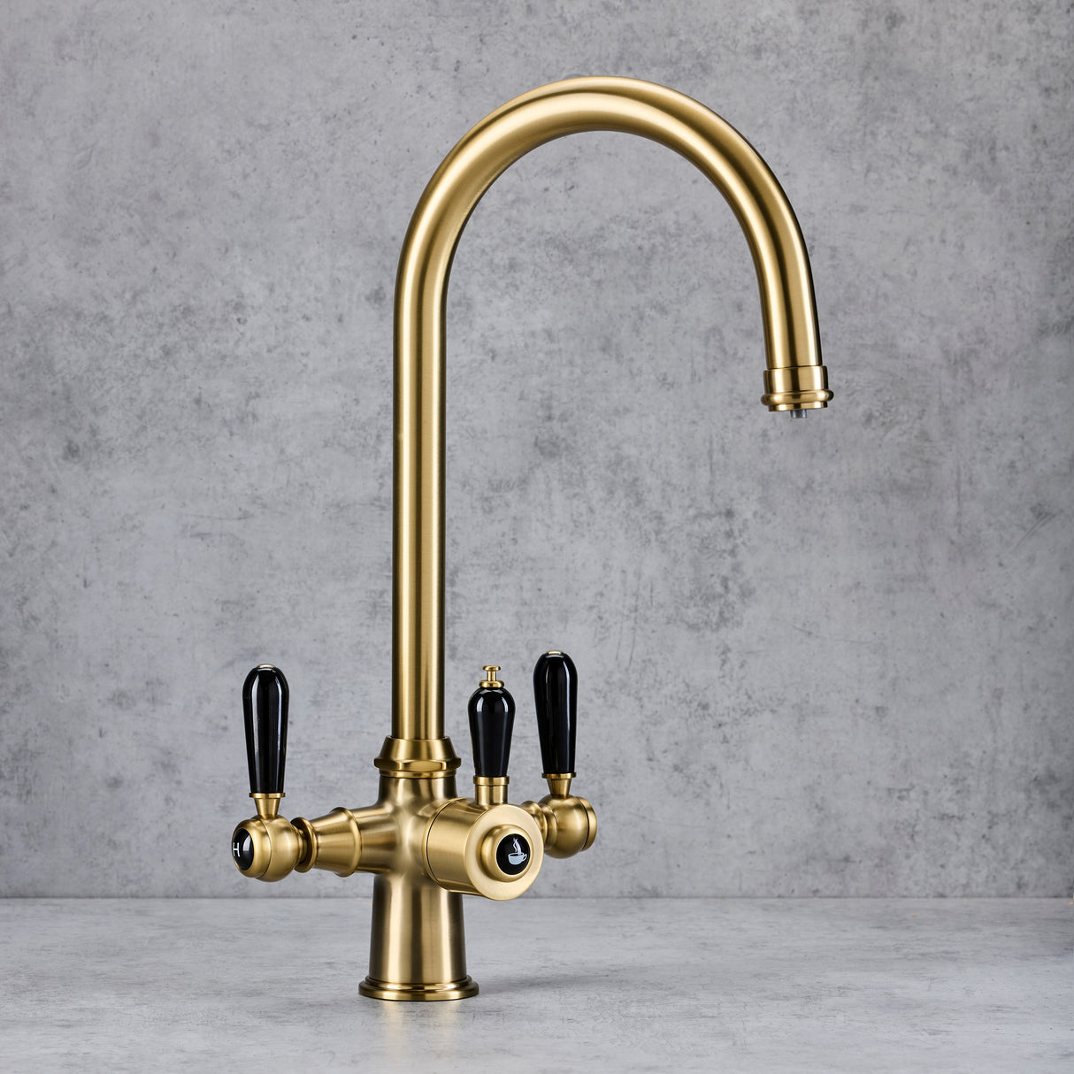 Verossi | Vandisso | Traditional Cruciform Style 3 in 1 Instant Boiling Tap | Black Ceramic Levers | Brushed Brass Finish
