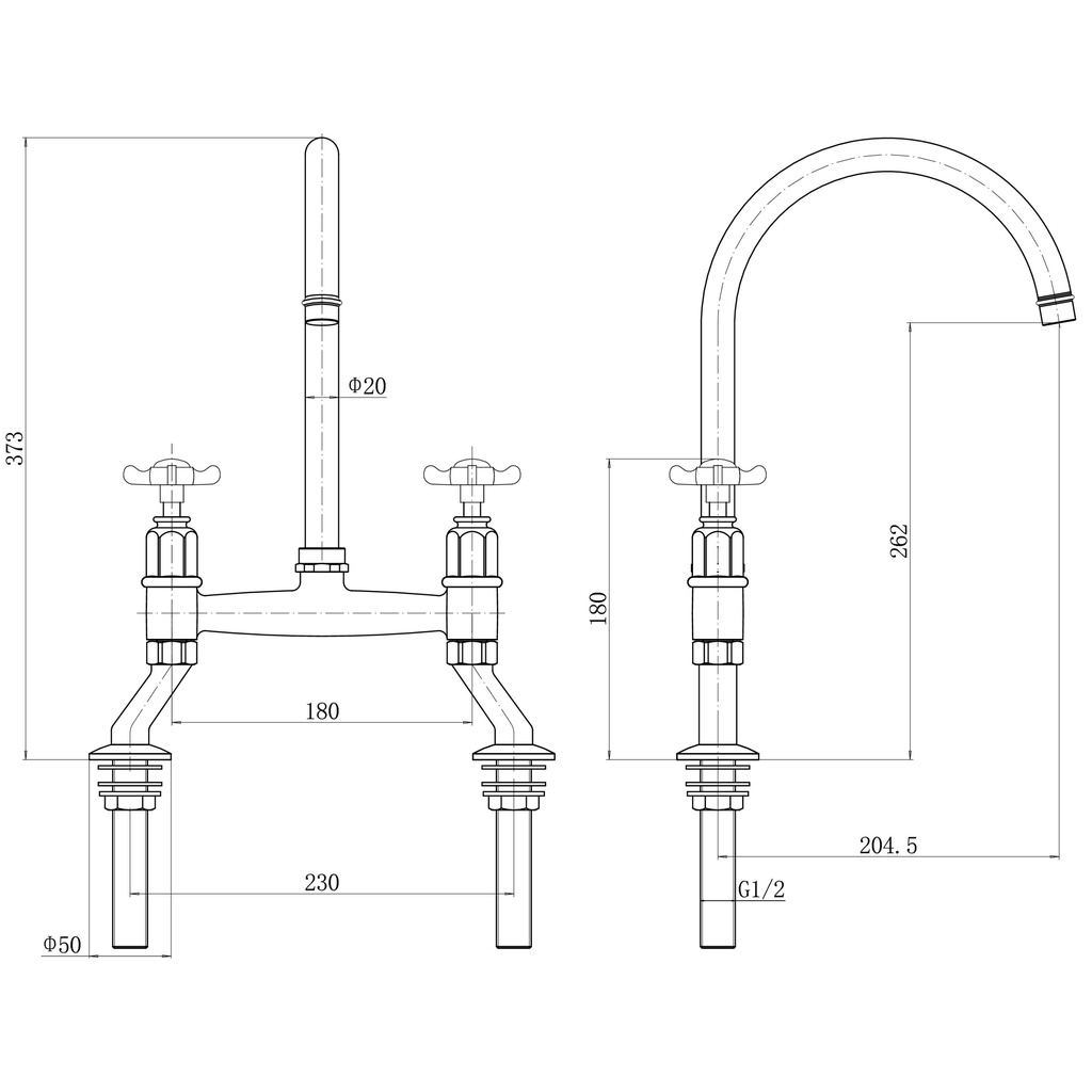 Verossi |Alton | Crosshead Trad Bridge Mixer Tap| Polished Brass