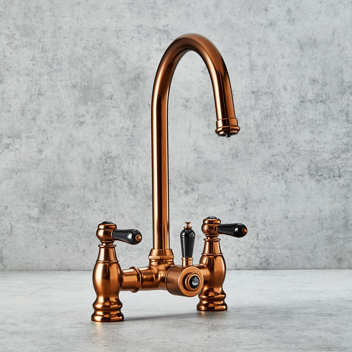 Verossi | Venetian | Traditional Bridge Style 3 in 1 Instant Boiling Tap | Black Ceramic Levers | Brushed Copper Finish