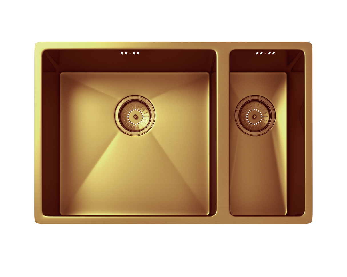 Verossi | Vrimo | 1.5 Bowl Stainless Steel Kitchen Sink | Inset or Undermounted | Copper Strainer Wastes Supplied | 670 x 440mm | Copper Finish