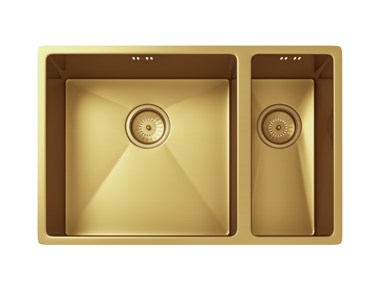 Verossi | Vrimo | 1.5 Bowl Stainless Steel Kitchen Sink | Inset or Undermounted | Gold Strainer Wastes Supplied | 670 x 440mm | Gold Finish