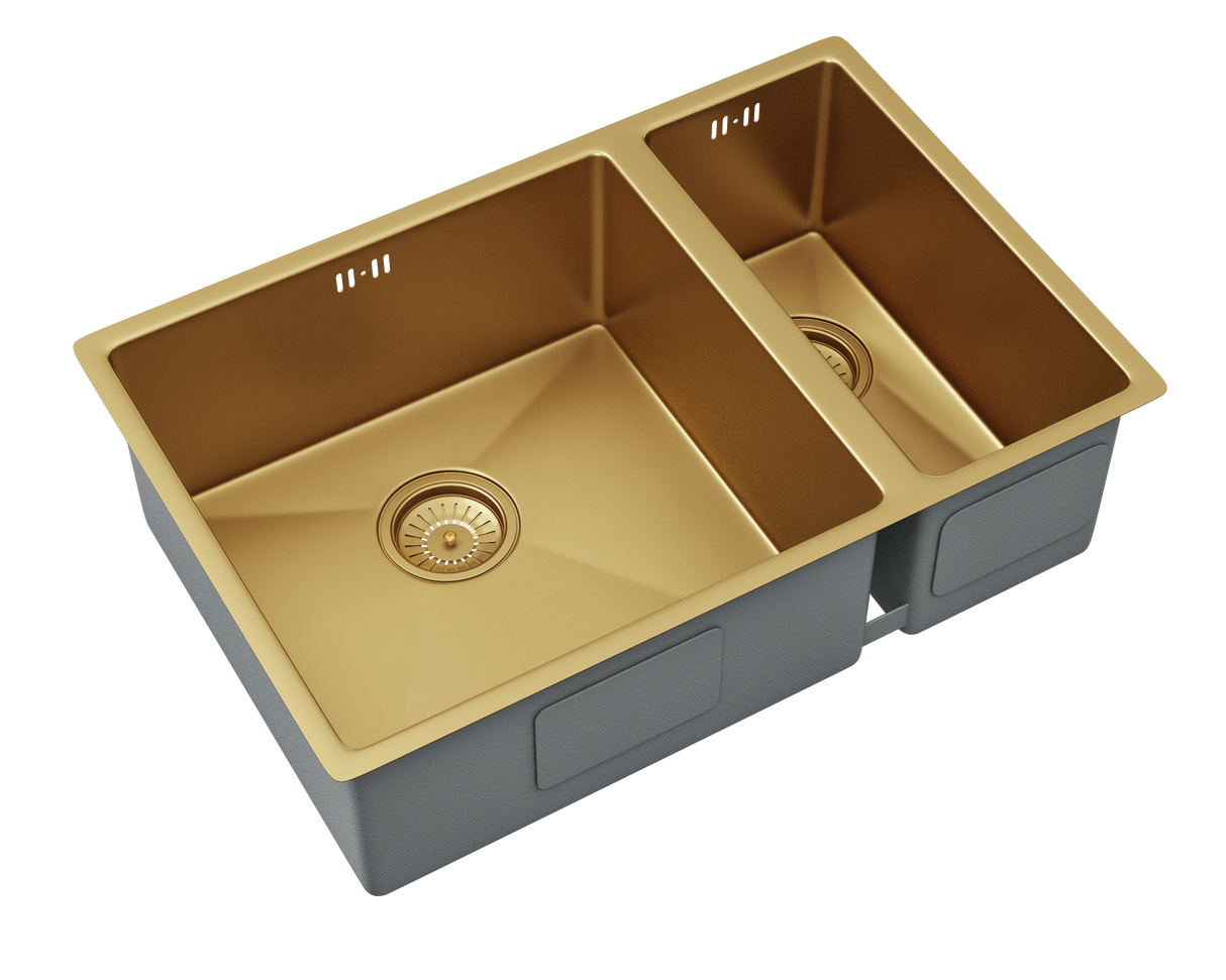 Verossi | Vrimo | 1.5 Bowl Stainless Steel Kitchen Sink | Inset or Undermounted | Gold Strainer Wastes Supplied | 670 x 440mm | Gold Finish