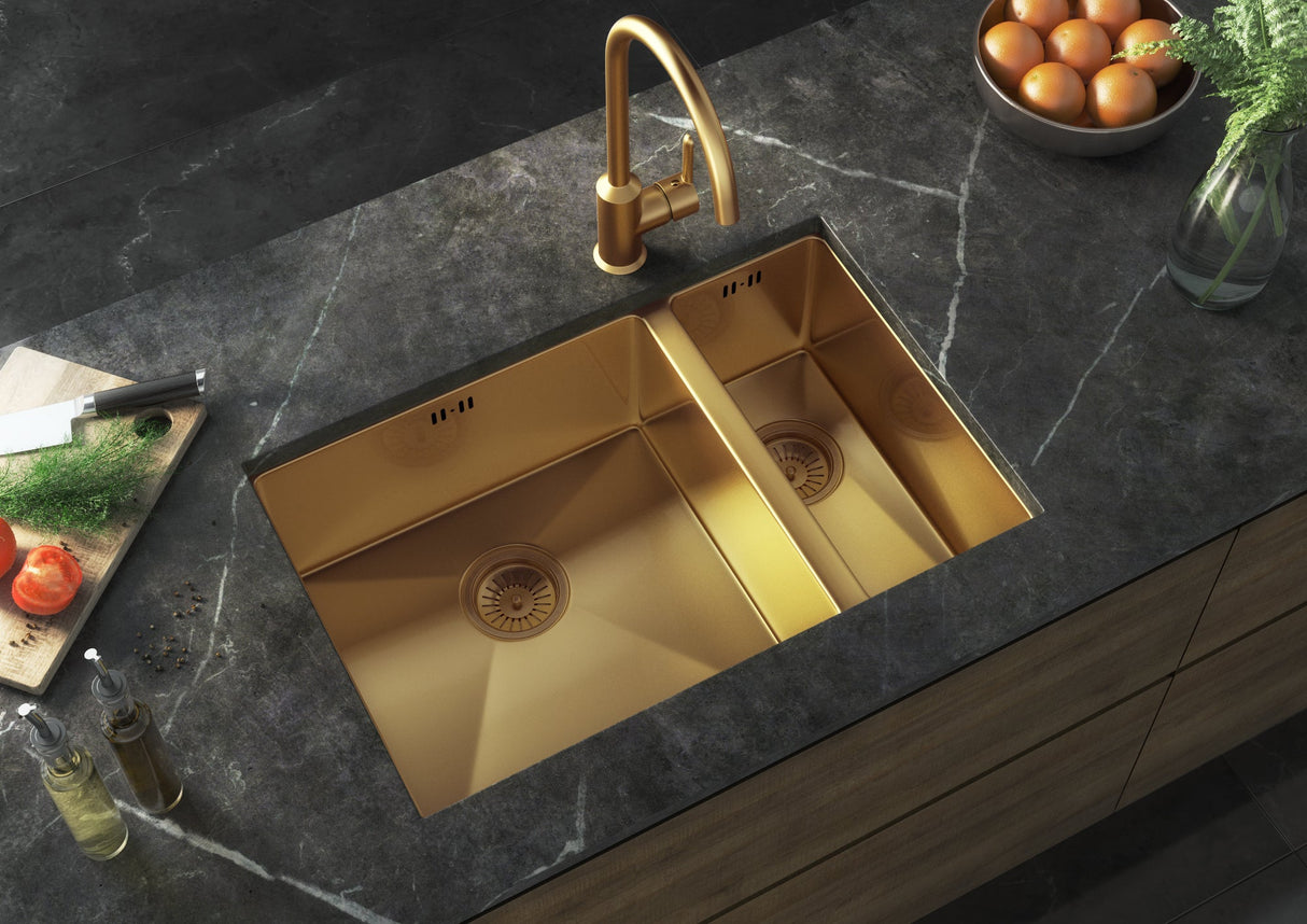 Verossi | Vrimo | 1.5 Bowl Stainless Steel Kitchen Sink | Inset or Undermounted | Gold Strainer Wastes Supplied | 670 x 440mm | Gold Finish