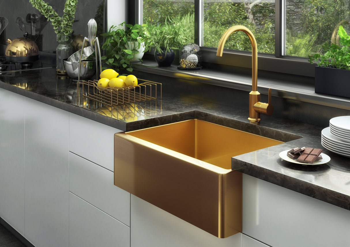 Verossi | Vrimo Belfast | 1.0 Bowl Stainless Steel Kitchen Sink | Gold Strainer Waste Supplied | 600 x 450mm| Gold Finish