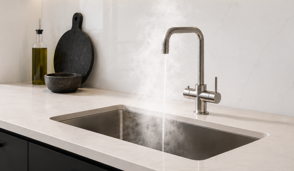 Modern brushed stainless steel boiling water tap over a sleek kitchen sink