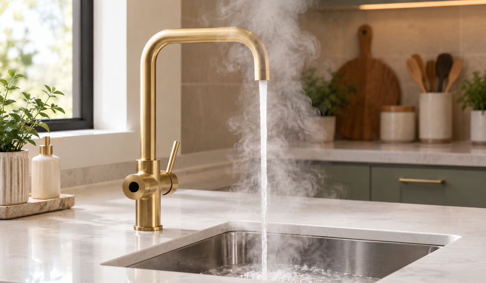 Brushed gold boiling water tap dispensing steaming hot water into a kitchen sink