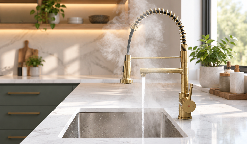 Modern brass kitchen faucet dispensing steaming hot water into a sink on a white marble countertop