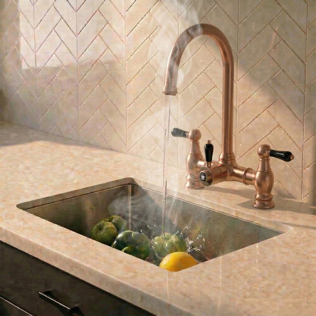 Verossi  | Venetian | Traditional Bridge Style 3 in 1 Instant Boiling Tap | Black Ceramic Levers | Brushed Copper Finish