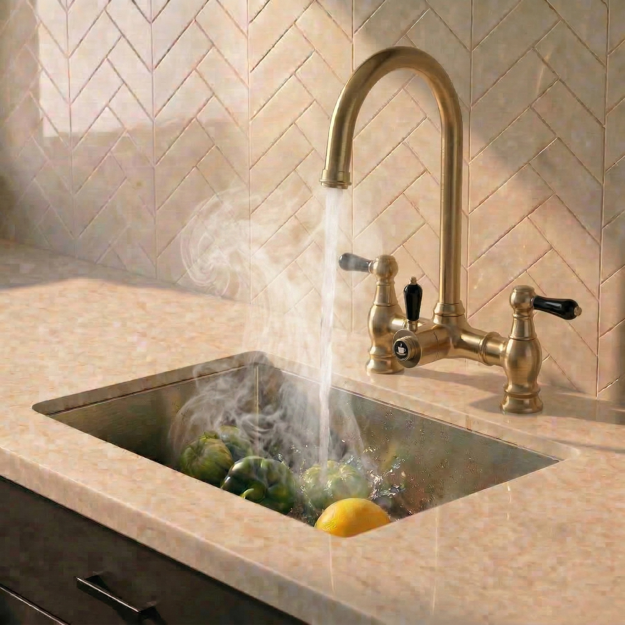 Verossi  | Venetian | Traditional Bridge Style 3 in 1 Instant Boiling Tap | Black Ceramic Levers | Brushed Brass Finish