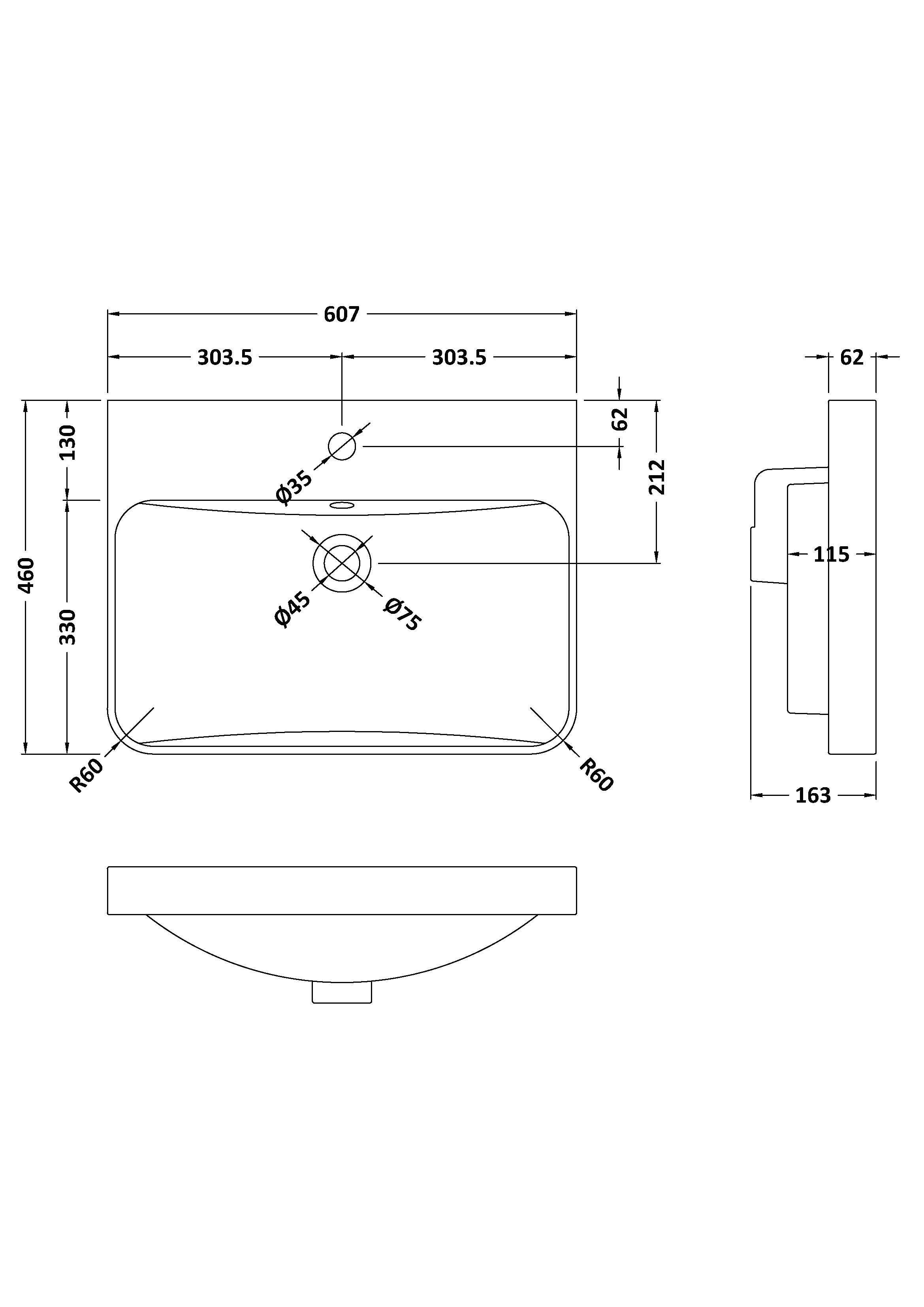600 x 460 Curved  Tap Holein-Edged Basin - 1 Tap Hole