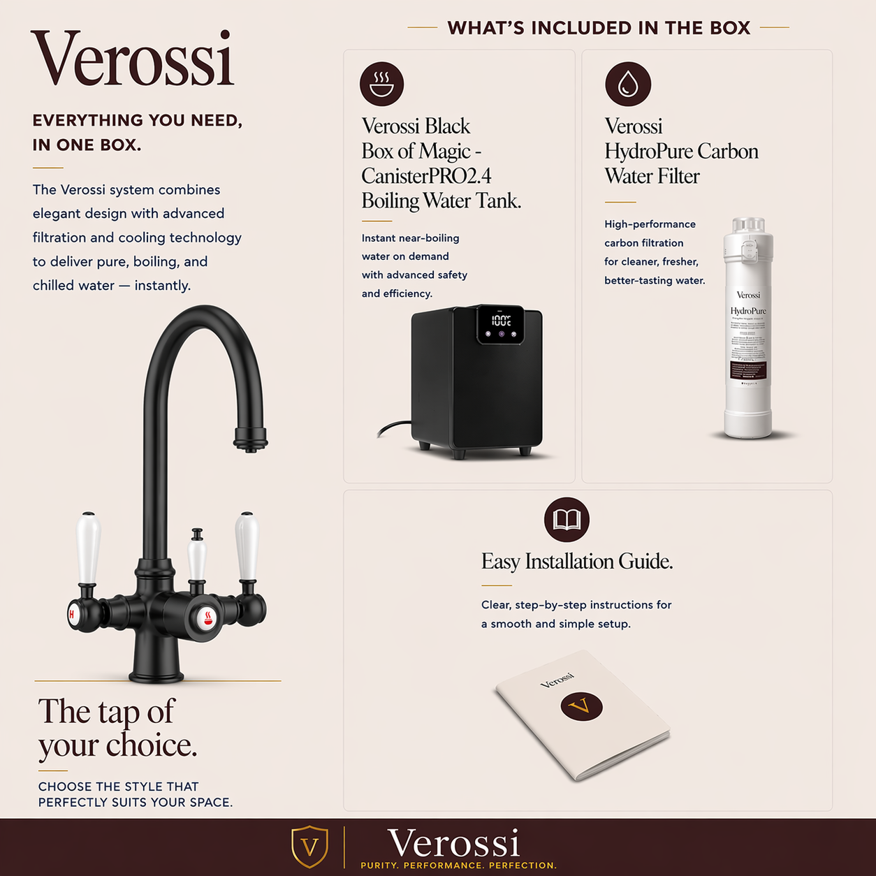 Verossi  | Vandisso | Traditional Cruciform Style 3 in 1 Instant Boiling Tap | White Ceramic Levers | Matt Black Finish