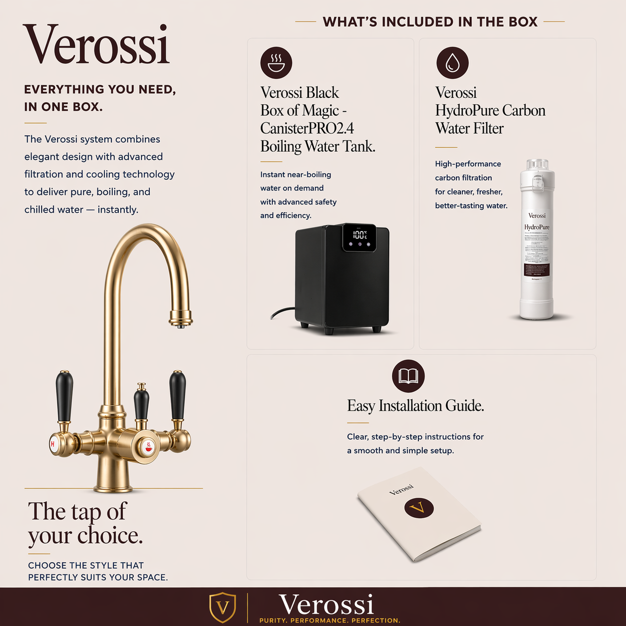 Verossi  | Vandisso | Traditional Cruciform Style 3 in 1 Instant Boiling Tap | Black Ceramic Levers | Brushed Brass Finish
