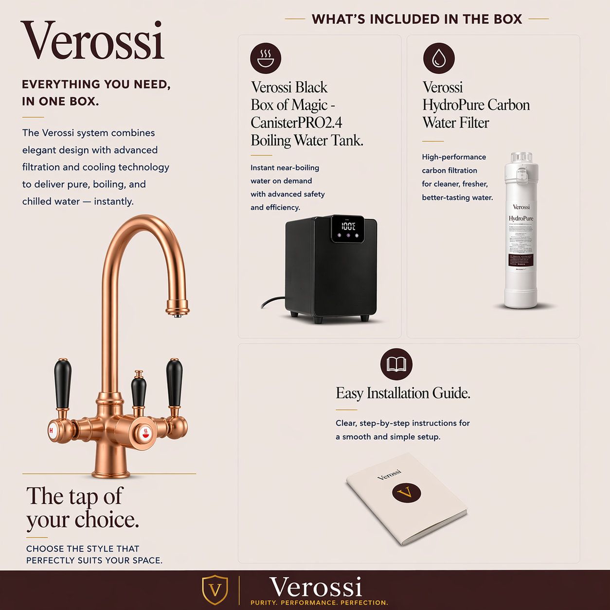 Verossi  | Vandisso | Traditional Cruciform Style 3 in 1 Instant Boiling Tap | Black Ceramic Levers | Brushed Copper Finish