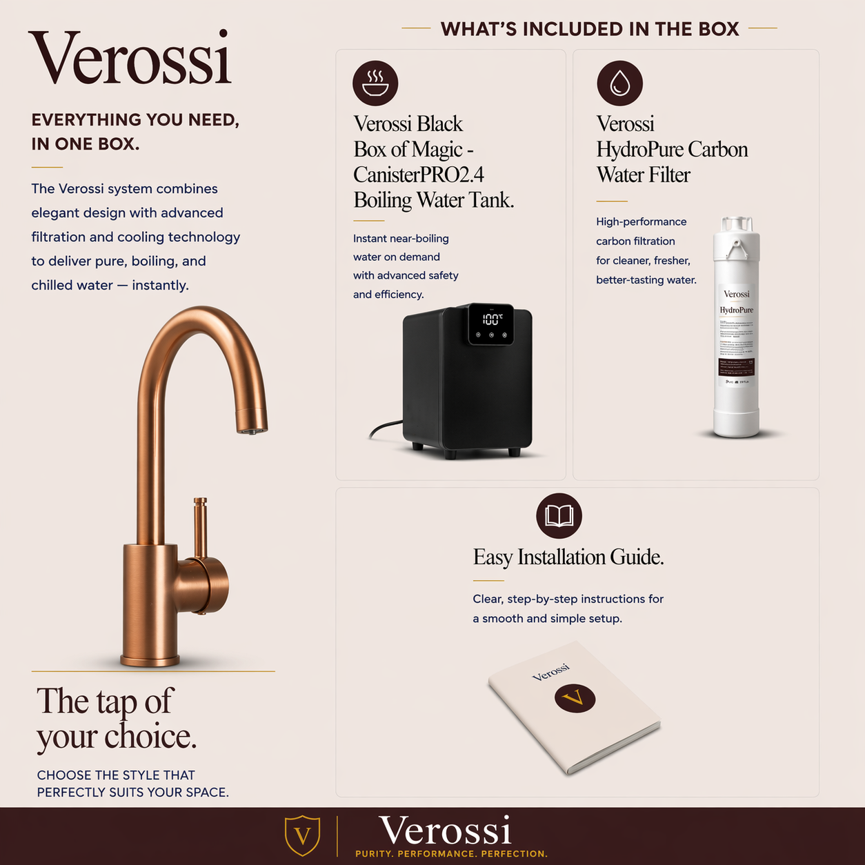 Verossi  | Velante | Single Lever 3 in 1 Instant Boiling Tap | Brushed Copper Finish