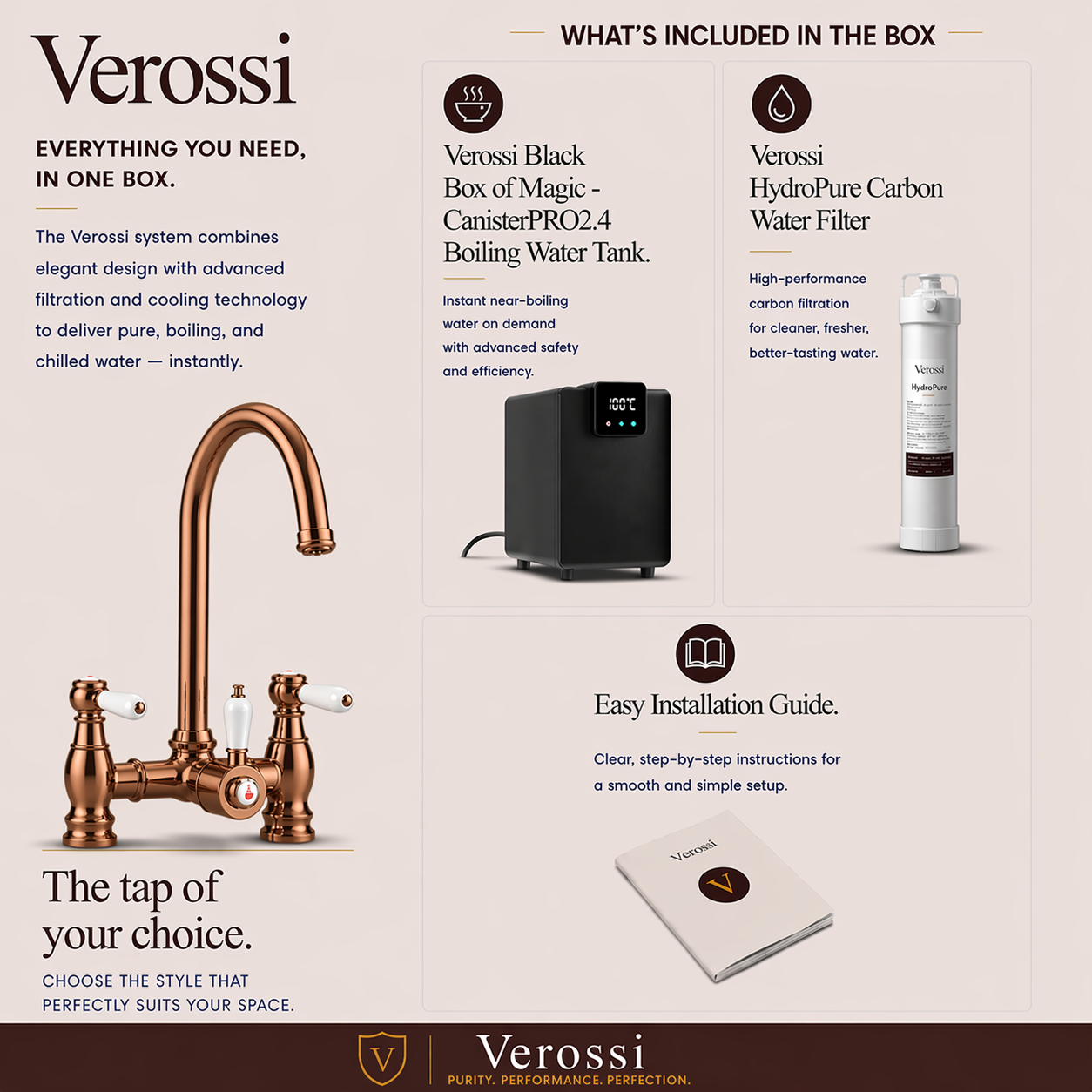 Verossi  | Venetian | Traditional Bridge Style 3 in 1 Instant Boiling Tap | White Ceramic Levers | Brushed Copper Finish