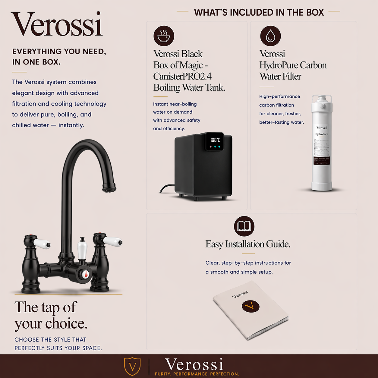 Verossi  | Venetian | Traditional Bridge Style 3 in 1 Instant Boiling Tap | White Ceramic Levers | Matt Black Finish