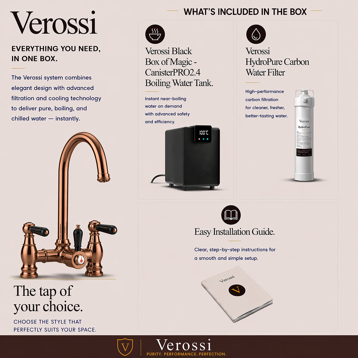 Verossi  | Venetian | Traditional Bridge Style 3 in 1 Instant Boiling Tap | Black Ceramic Levers | Brushed Copper Finish