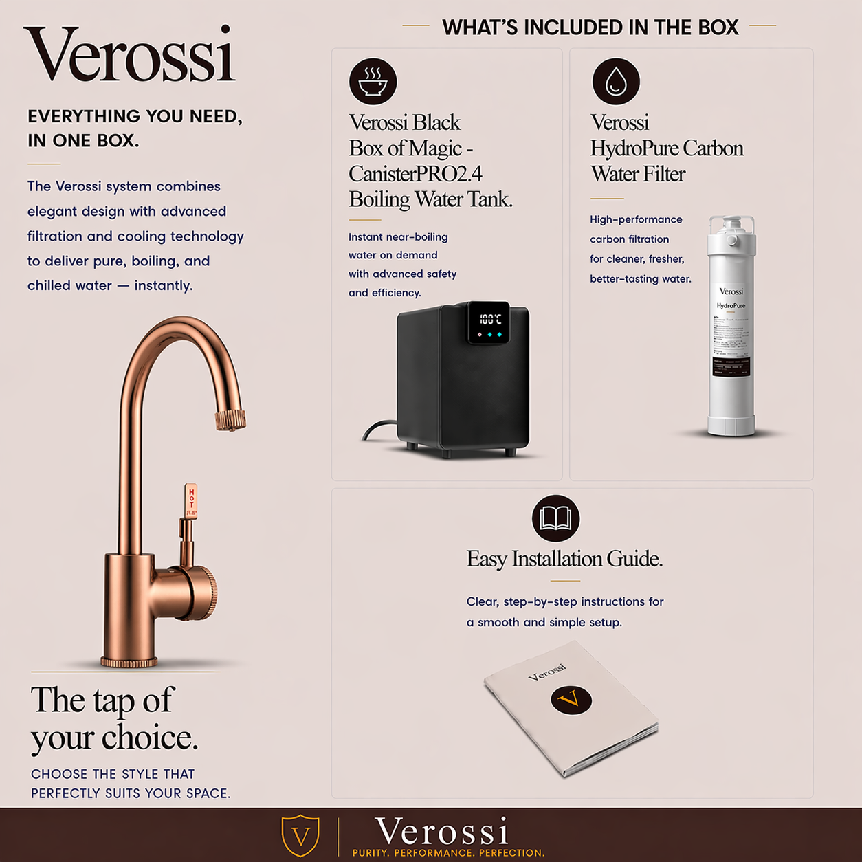 Verossi  | Volissi | Industrial Style Single Lever 3 in 1 Instant Boiling Tap | Brushed Copper Finish