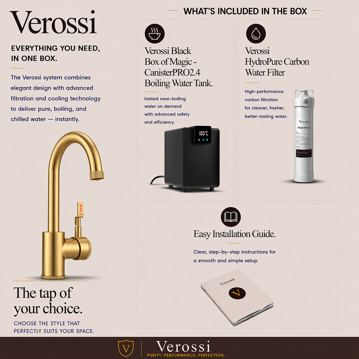 Verossi  | Volissi | Industrial Style Single Lever 3 in 1 Instant Boiling Tap | Brushed Brass Finish