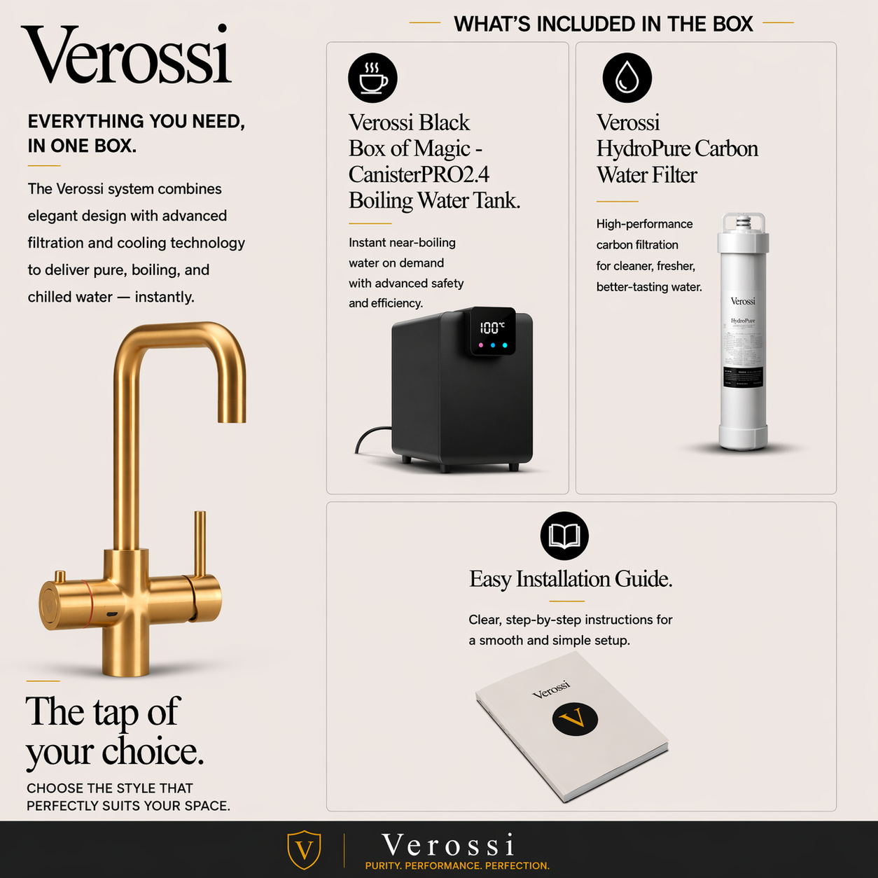 Verossi | Vigore | Contemporary 3 in 1 Instant Boiling Tap | Brushed Gold Finish