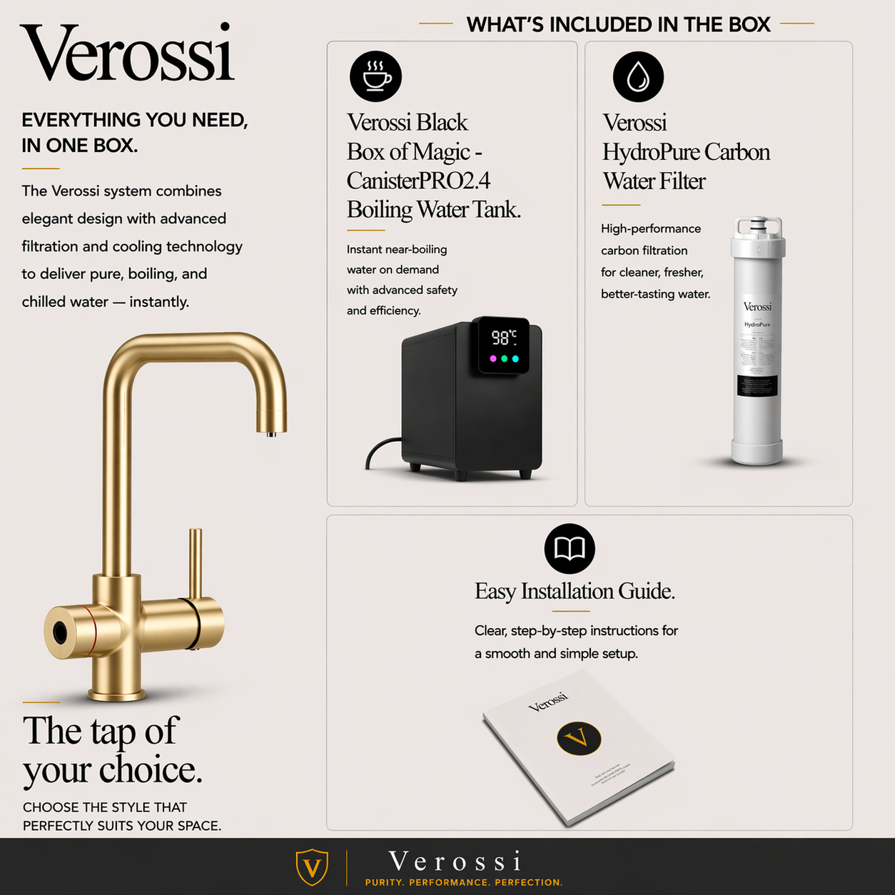 Verossi  | Valyrian | Finger Print Control 4 in 1 Instant Boiling & Filtered Cold Water Tap | Brushed Gold Finish