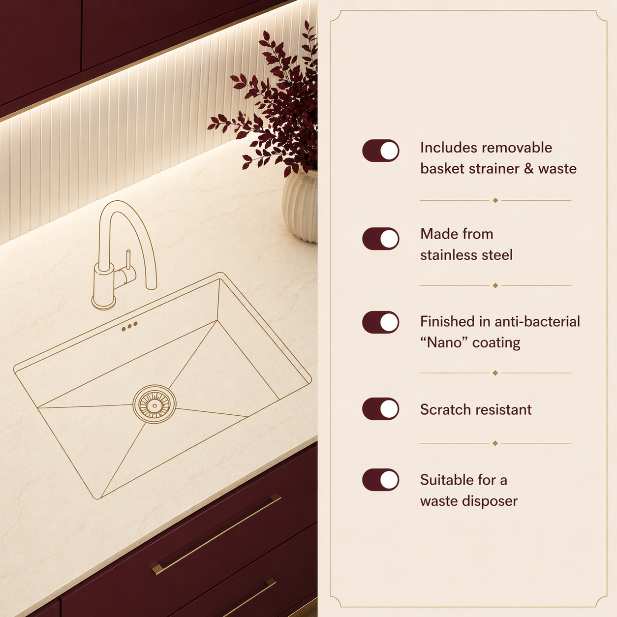 Verossi | 1.0 Bowl Kitchen Sink | Inset or Undermounted | Chrome Strainer Waste Supplied | 440x440x205 | Brushed Brass