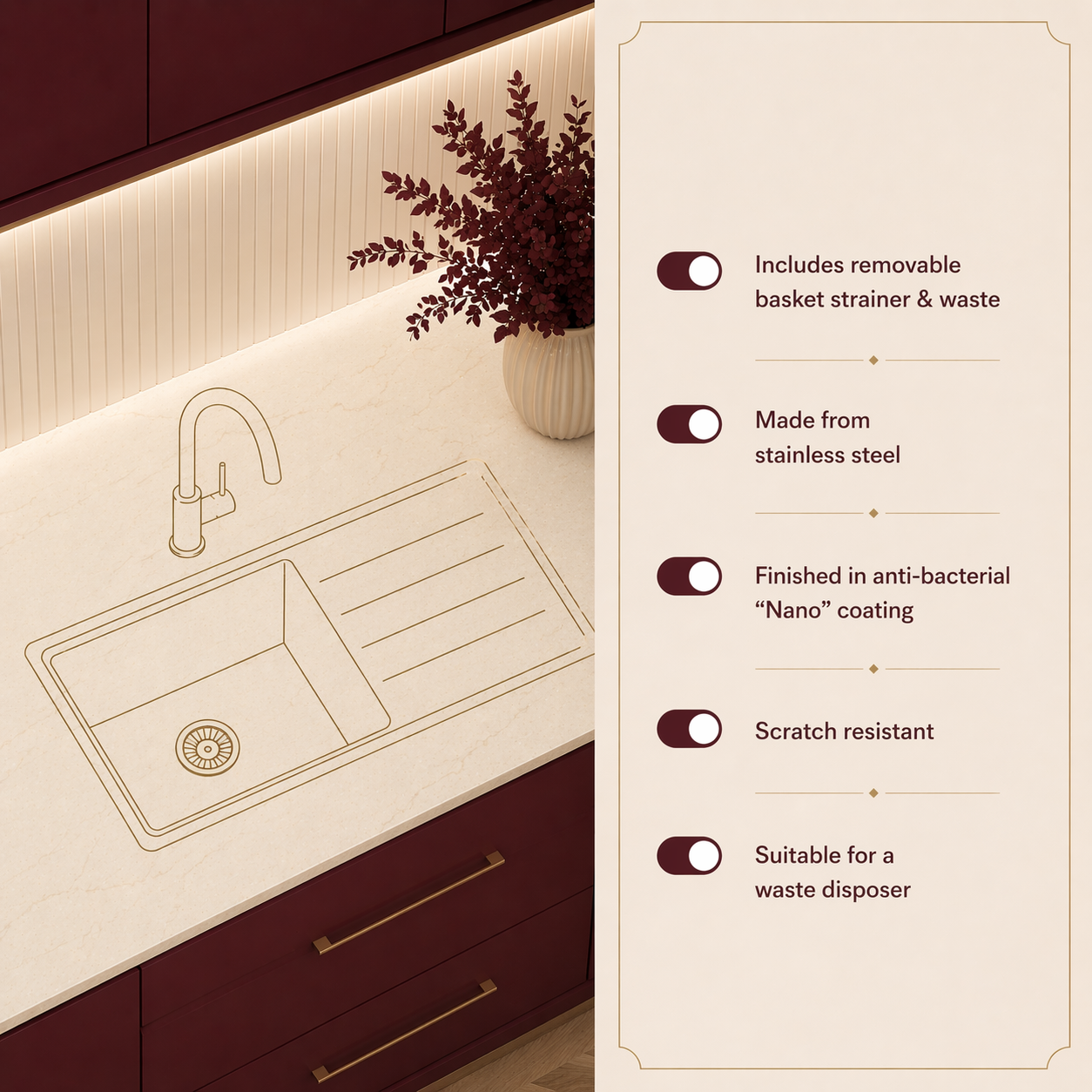 Verossi | 1.0 Bowl Inset Stainless Steel Kitchen Sink & Drainer | Chrome Strainer Waste Supplied | 965 x 500mm | Satin Matt