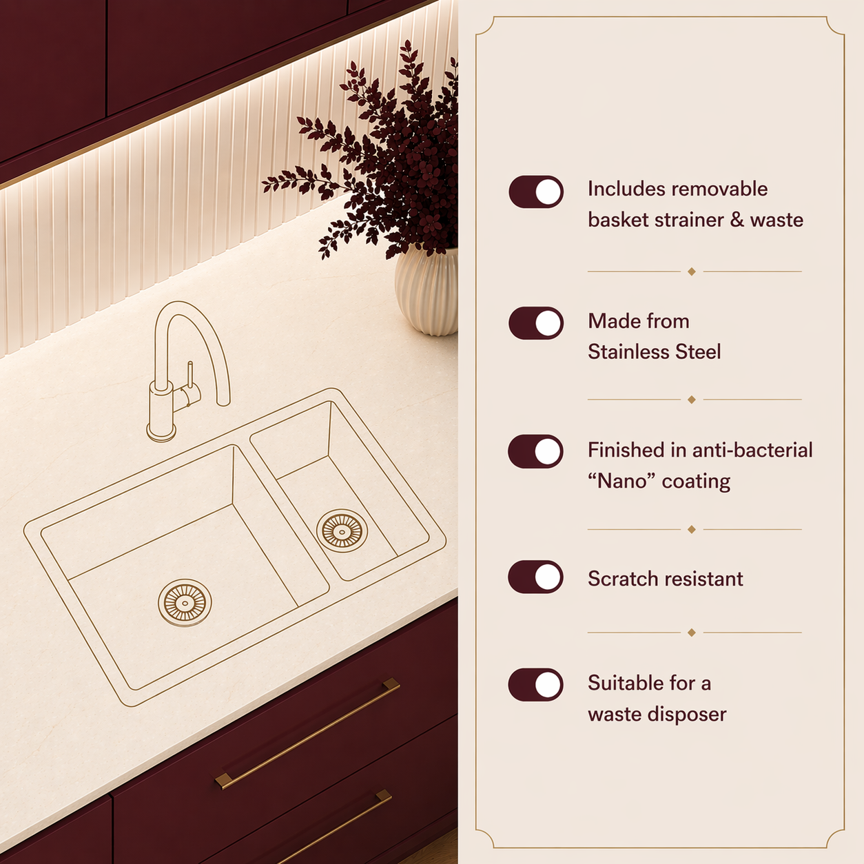 Verossi | Vrimo | 1.5 Bowl Stainless Steel Kitchen Sink | Inset or Undermounted | Copper Strainer Wastes Supplied | 670 x 440mm | Copper Finish