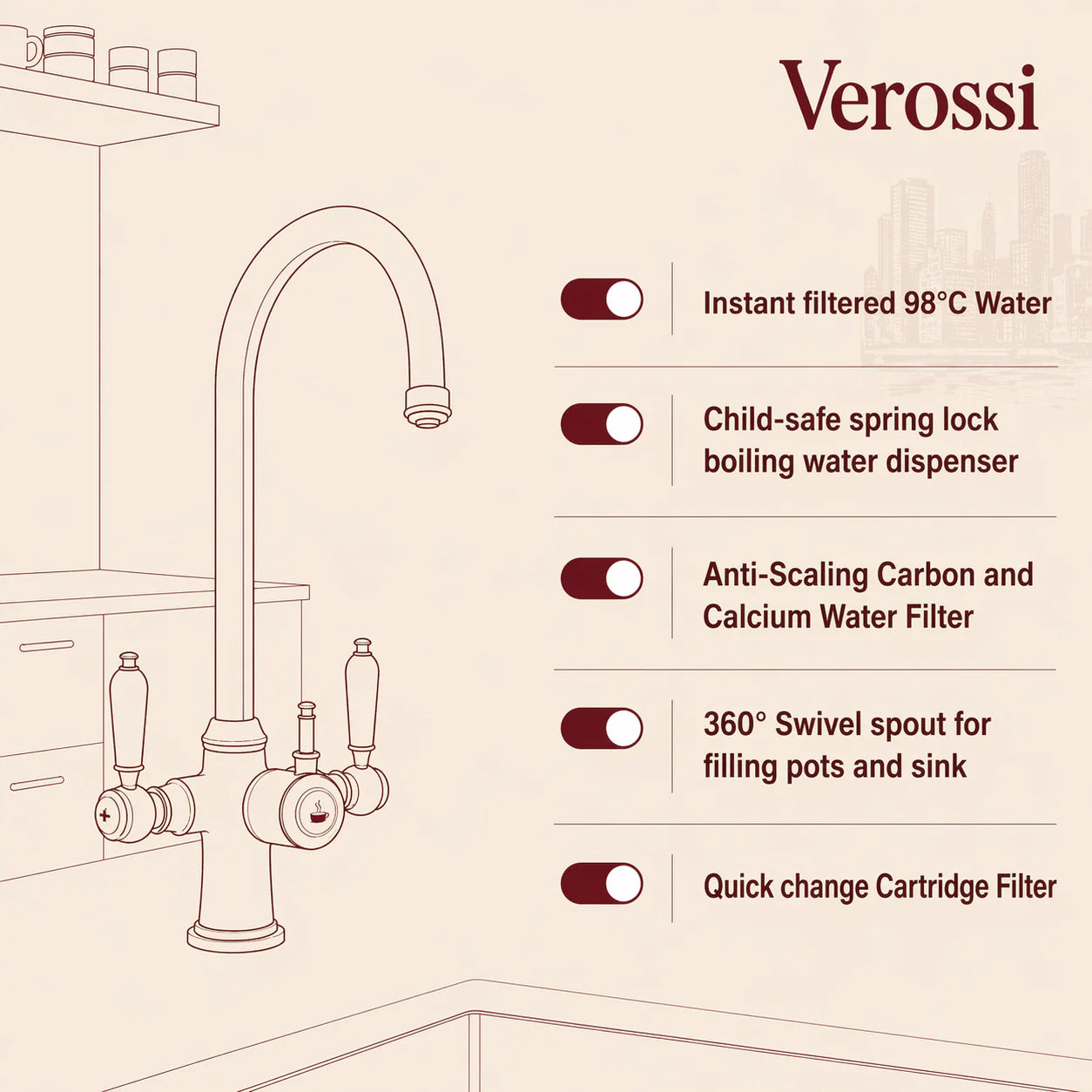 Verossi  | Venetian | Traditional Bridge Style 3 in 1 Instant Boiling Tap | Black Ceramic Levers | Brushed Brass Finish