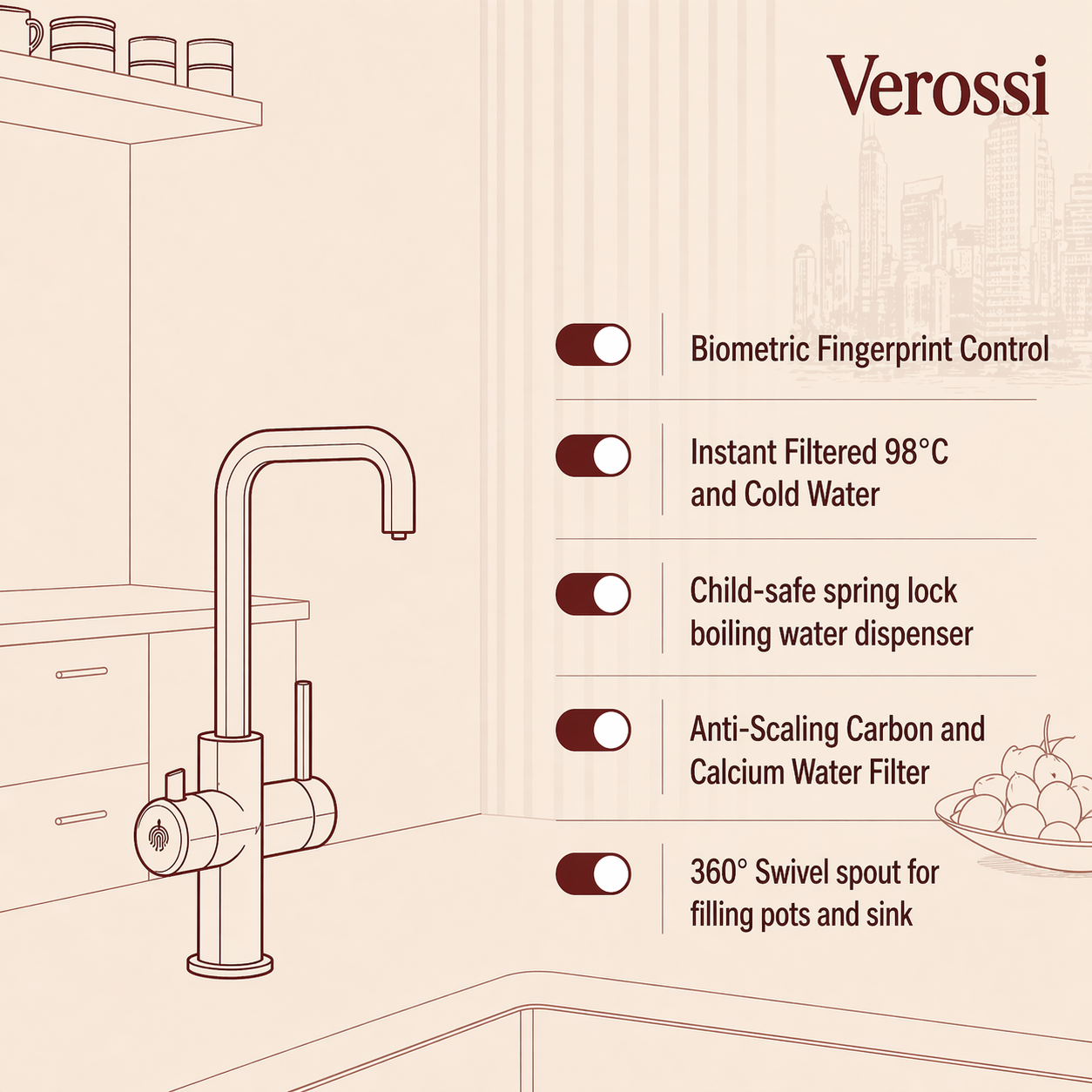 Verossi  | Valyrian | Finger Print Control 4 in 1 Instant Boiling & Filtered Cold Water Tap | Matt Black Finish