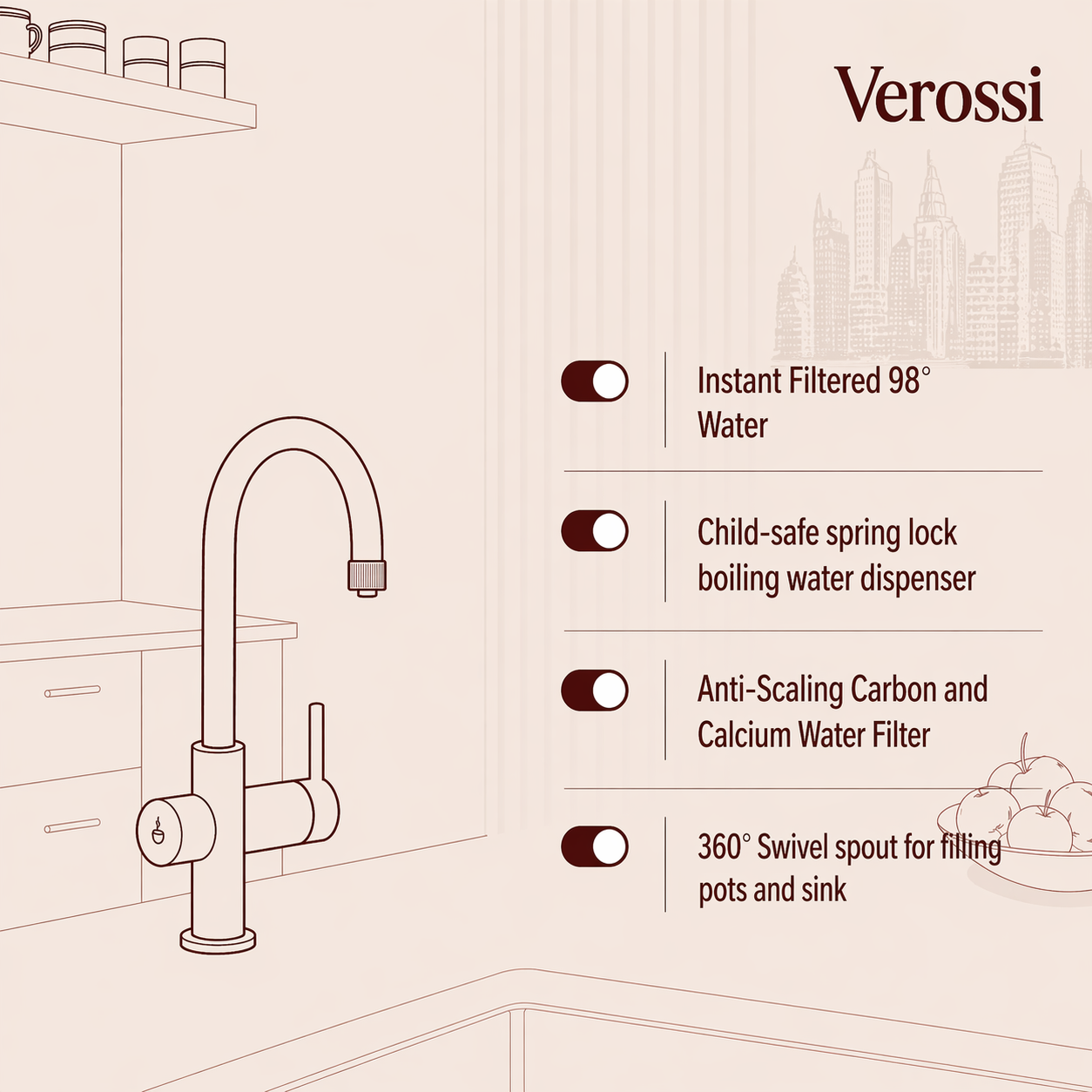 Verossi  | Volissi | Industrial Style Single Lever 3 in 1 Instant Boiling Tap | Brushed Copper Finish