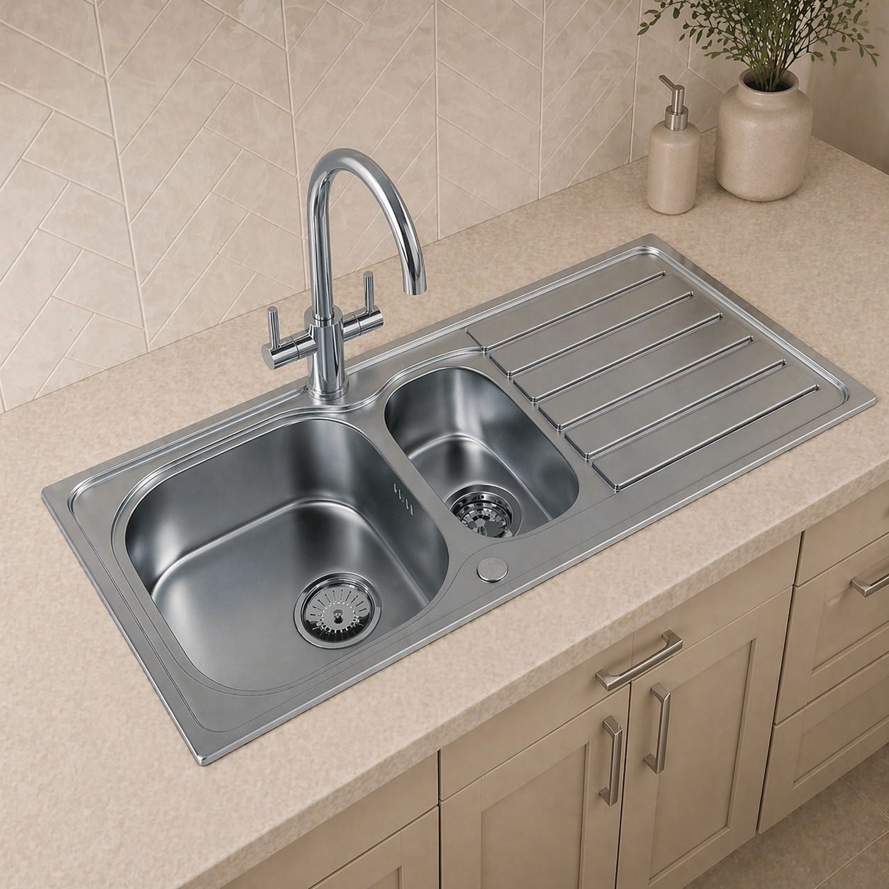 Verossi | Satin Matt | 1.5 Bowl Inset Stainless Steel Kitchen Sink | 1000 x 500mm | Supplied with Chrome Basket Strainer Waste(s)
