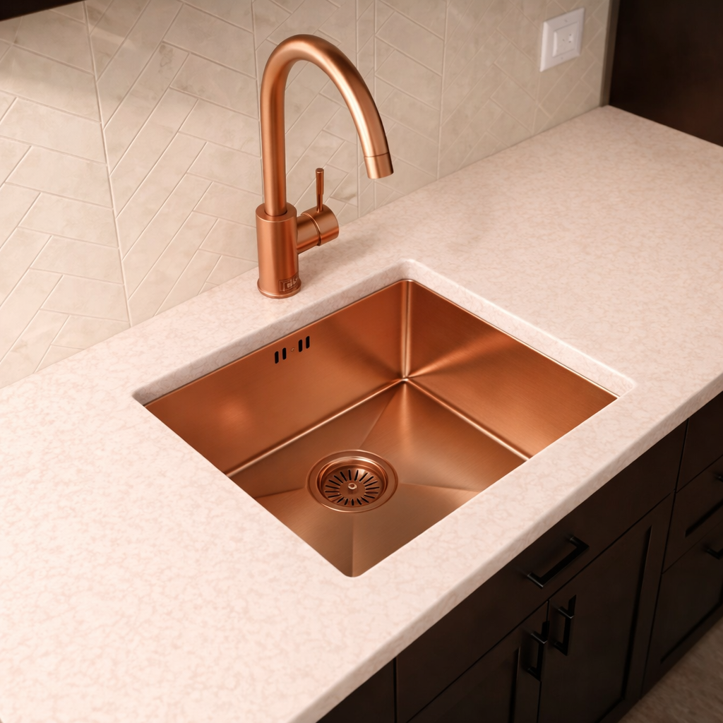 Verossi | Vrimo | 1.0 Bowl Stainless Steel Kitchen Sink | Inset or Undermounted | Copper Strainer Waste Supplied | Copper Finish