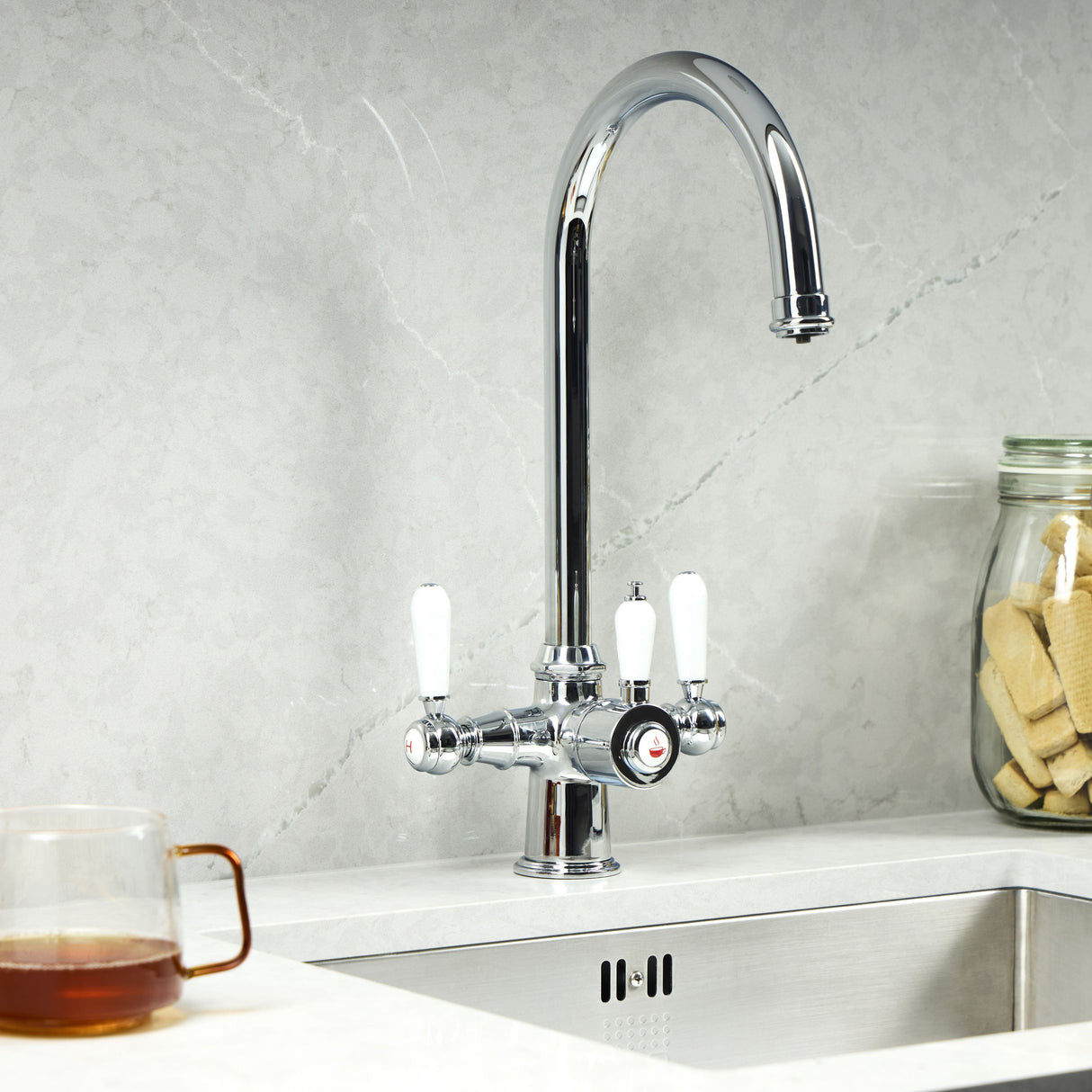 Verossi  | Vandisso | Traditional Cruciform Style 3 in 1 Instant Boiling Tap | White Ceramic Levers | Polished Chrome Finish