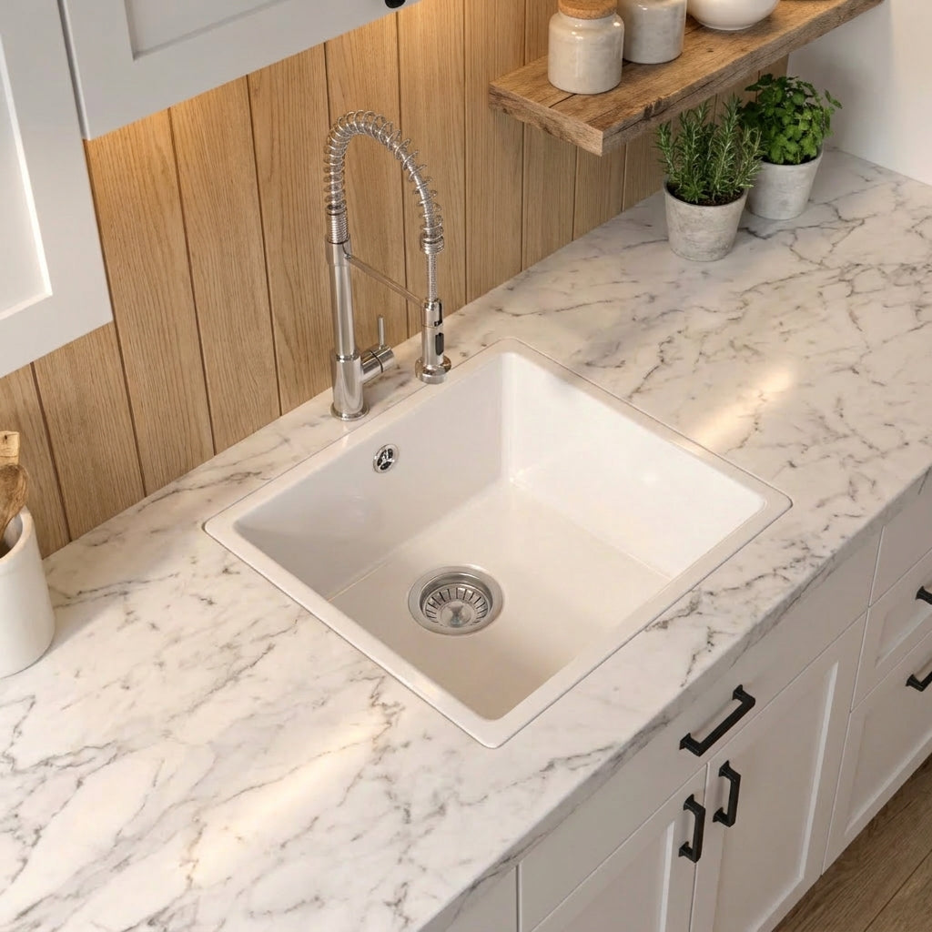 Verossi | 1.0 bowl Comite Kitchen Sink | Inset or Undermounted | Chrome Strainer Waste Supplied | 440x440x211mm | Gloss White