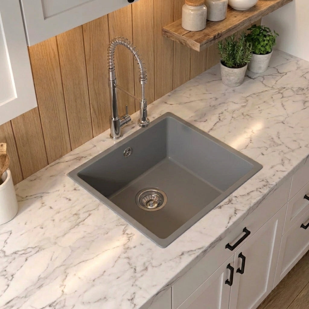 Verossi | 1.0 Bowl Comite Kitchen Sink | Inset or Undermounted | Chrome Strainer Waste Supplied | 440x440x211mm | Grey