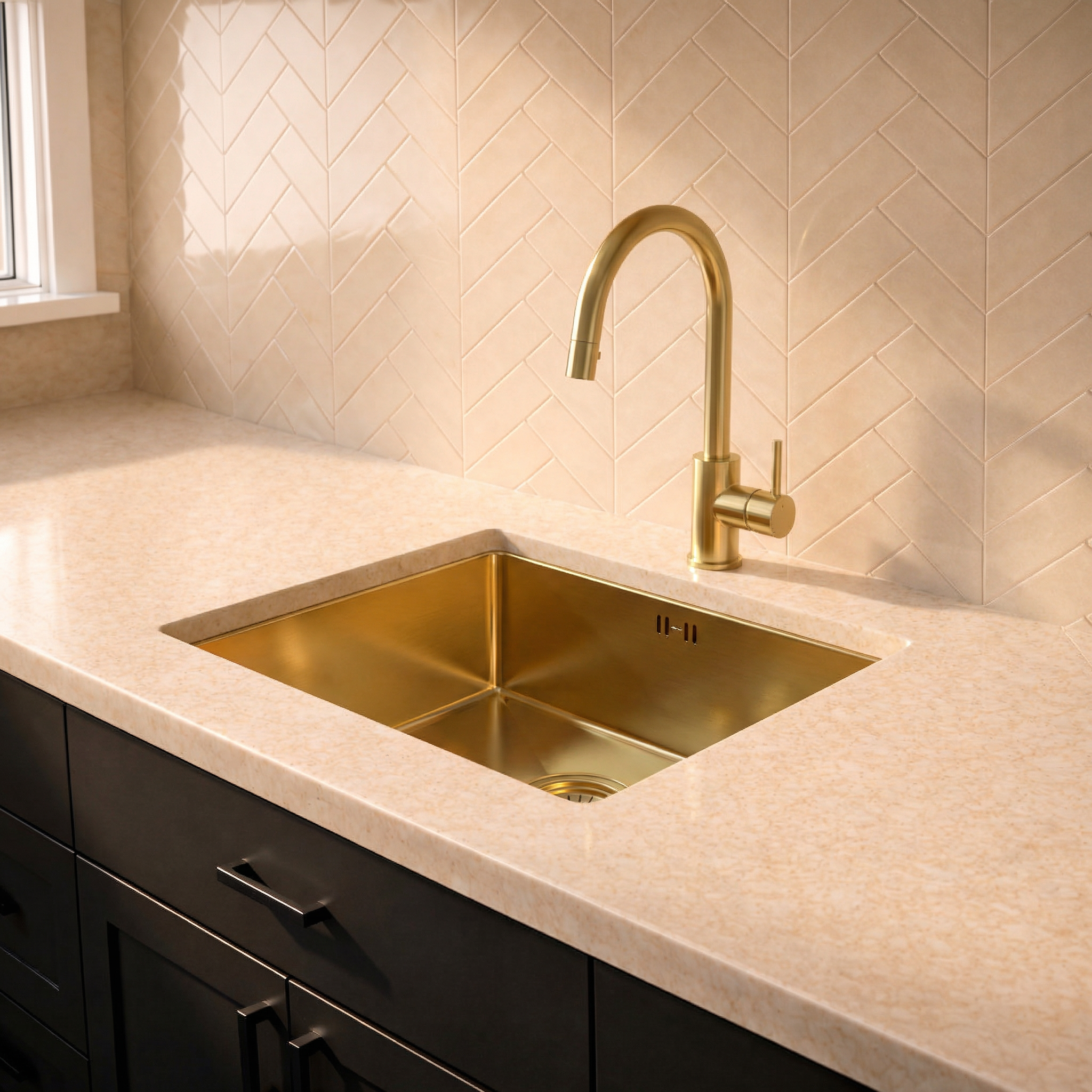 Verossi | 1.0 Bowl Kitchen Sink | Inset or Undermounted | Chrome Strainer Waste Supplied | 440x440x205 | Brushed Brass