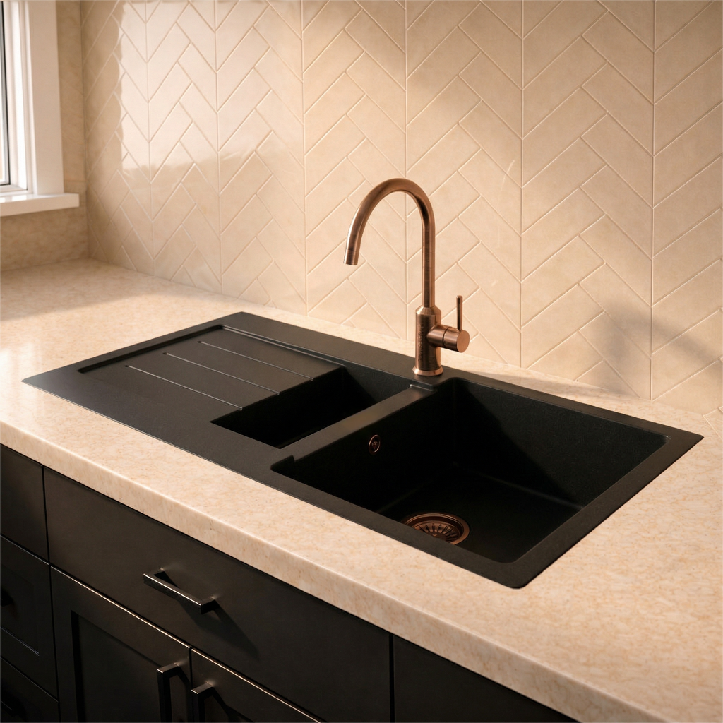 Verossi |  1.3 Bowl Comite Kitchen Sink & Drainer | Left or Right Handed | Chrome Strainer Wastes Supplied | 1000 x 500mm | Black