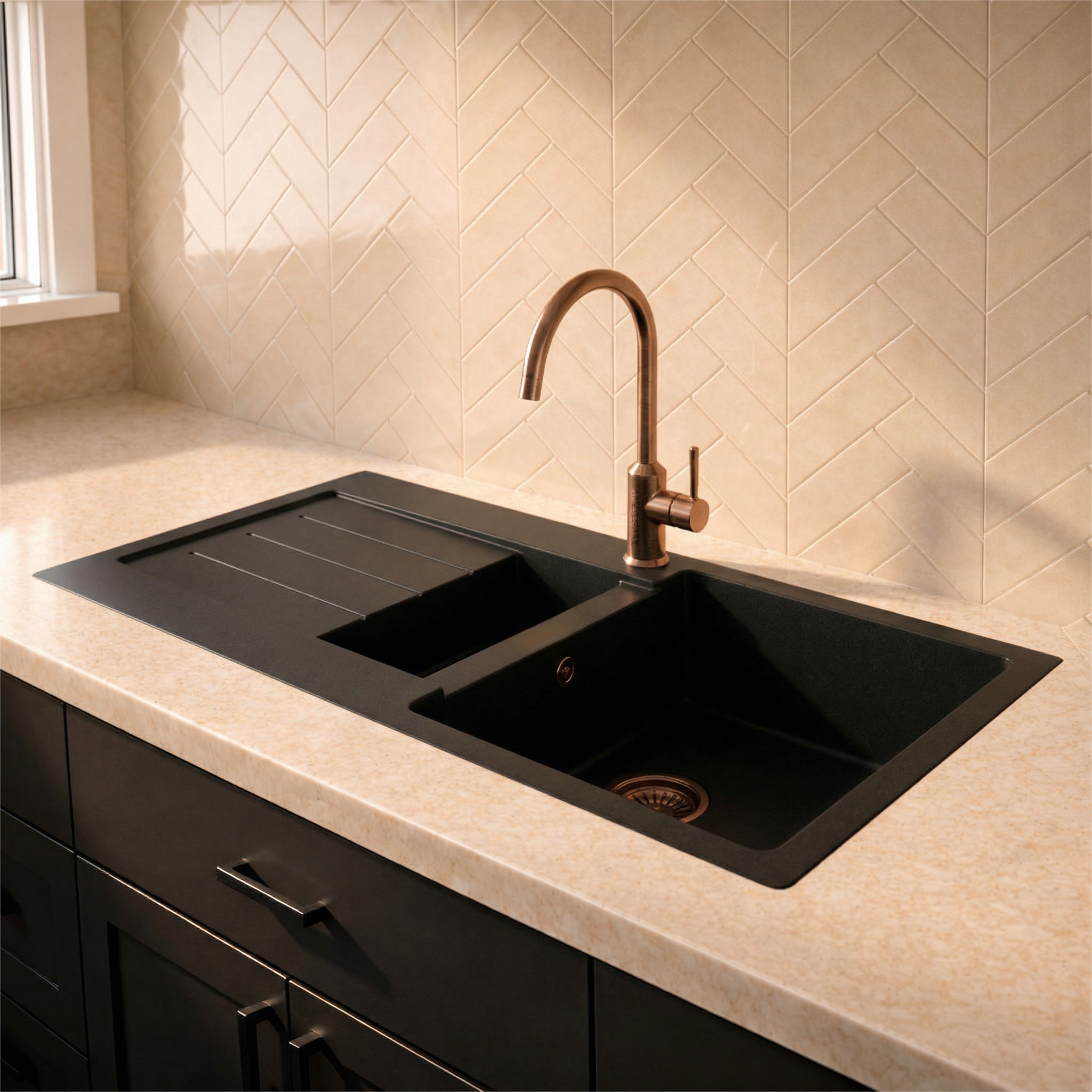 Verossi |  1.3 Bowl Comite Kitchen Sink & Drainer | Left or Right Handed | Chrome Strainer Wastes Supplied | 1000 x 500mm | Black