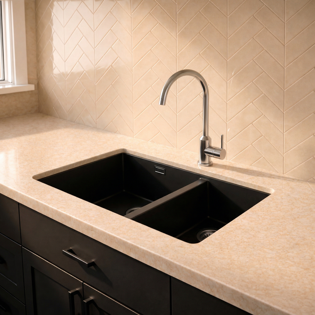 Verossi |  1.5 bowl Comite Kitchen Sink | Inset or Undermounted | Chrome Strainer Wastes Supplied | 670x440x206mm | Matt Black