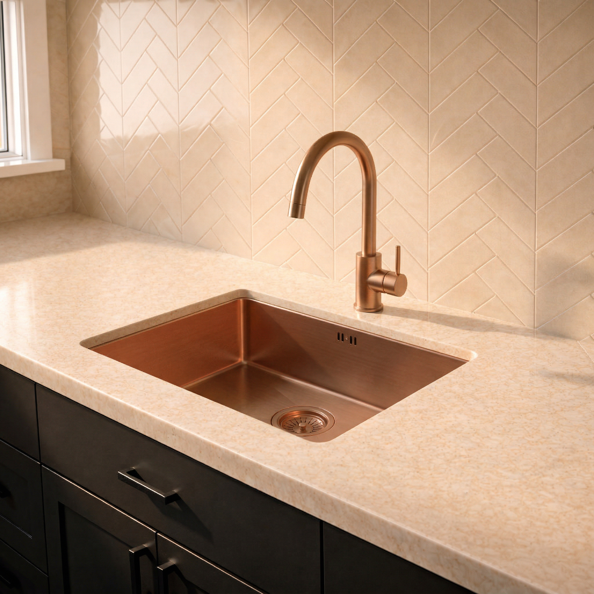 Verossi | 1.0 Bowl Kitchen Sink | Inset or Undermounted | Brushed Copper Strainer Waste Supplied | 540x440x205 | Brushed Copper