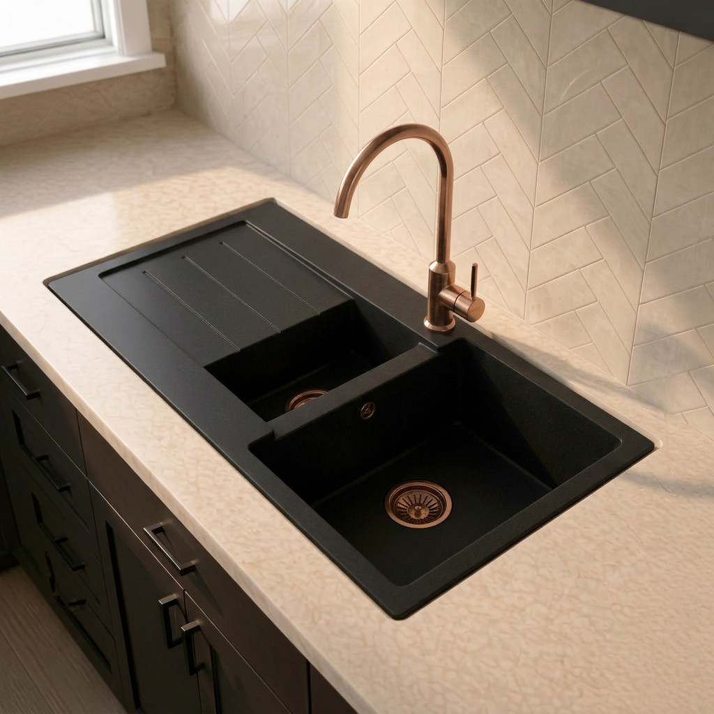 Verossi |  1.3 Bowl Comite Kitchen Sink & Drainer | Left or Right Handed | Chrome Strainer Wastes Supplied | 1000 x 500mm | Black